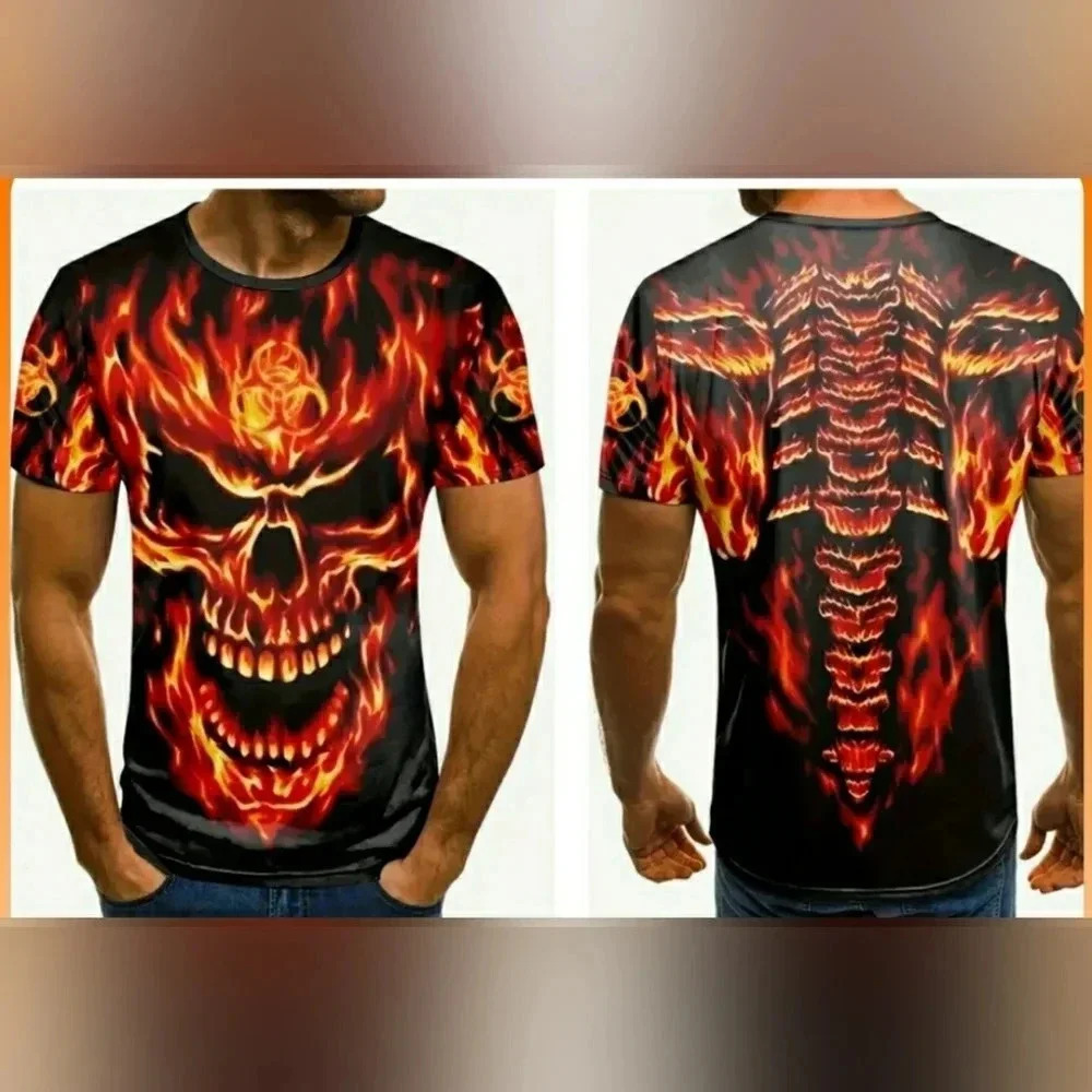 Flaming Large Skull Biker 3D Graphic Tee-Shirt Grunge Gothic Party